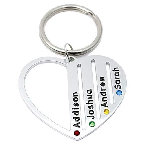 Personalized Mom Key Chain Heart Engraved Names Keychain Custom Names Birthstone Keyring Mother's Day Gift -Silver-