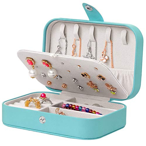 Travel Jewelry Organizer,PU Leather Travel Jewelry Case,Double Layer Small Jewelry Box for Women Girls,Jewelry Organizer Box for Necklace,Ring,Earring -Lake Blue-