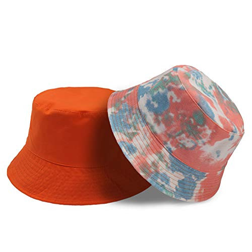 Women Bucket Hats Summer Travel Beach Sun Hat Packable Outdoor Cap Unisex Print Reversible Double-Side-Wear Cap Orange Tie Dye