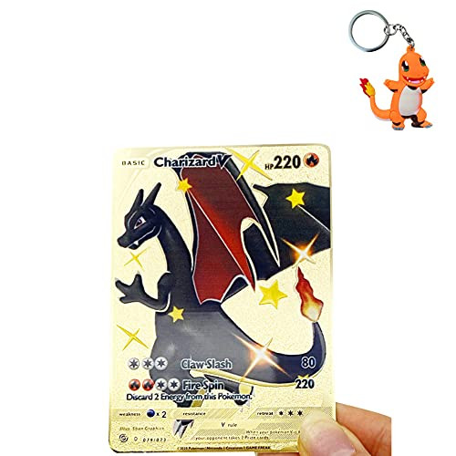Charizard V Custom Textured Gold Metal Pokemon Card  plus Keychain