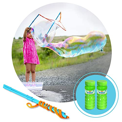 Kidzlane Bubble Wand with 24 oz of Mixed Giant Bubble Solution - Giant Bubble Wands for Kids - Outside Toy Big Bubble Maker - Bubble Toys for Outdoor Play Ages 3 plus
