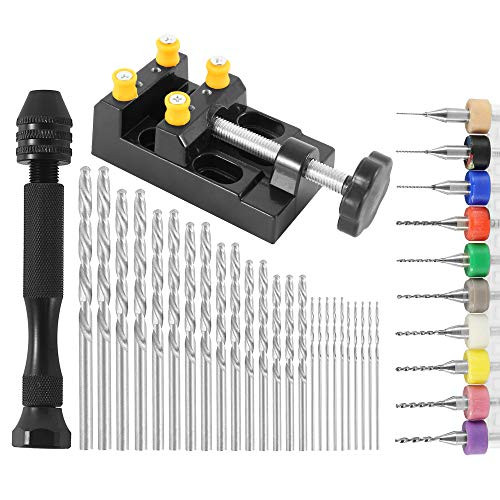 Protoiya 37Pcs Pin Vises Hand Drill Bits Set, 25 Pcs Mini Twist Drill Bits  and  10 Pieces PCB Mini Drill Bits with Bench Vice Precision Hand Pin Vise Rotary Tools for Wood Plastic Jewelry DIY Craft