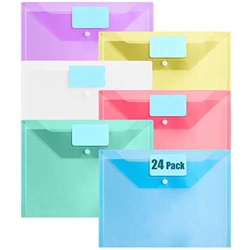 Rivama 24 Pack Plastic Envelopes Filing Envelopes, File Folders with Pockets Clear Document Folders US Letter A4 Size File Envelopes with Label Pocket for Home School Office Document Organization