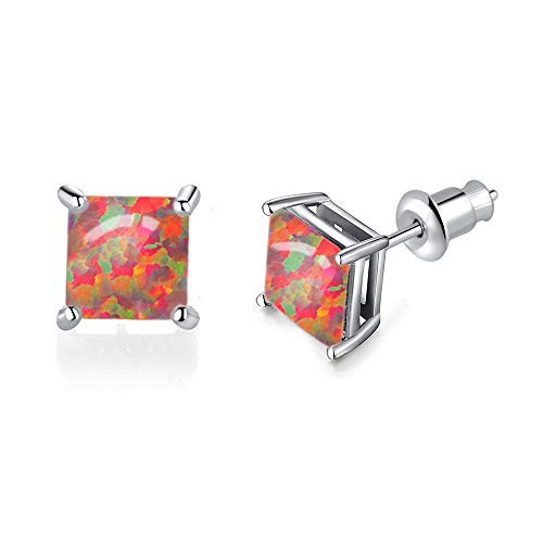Airmoly Orange Opal Stud Earrings 14K White Gold Plated Square Shape Opal Jewelry For Women Men Girls 6mm