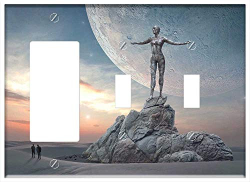 3-Gang 1-Rocker/GFCI 2-Toggle Combination Wall Plate Cover - Fantasy Landscape Sky Moon Planet Figure Statue