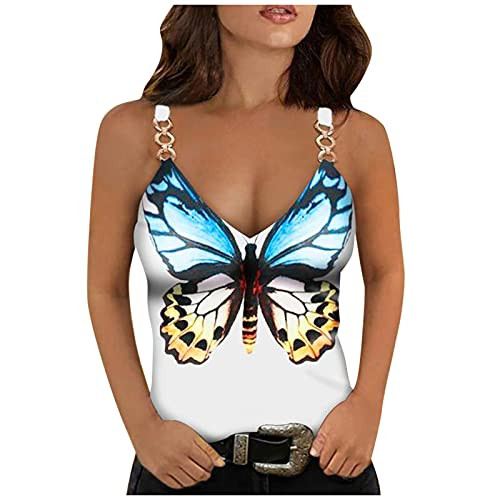 Lousioa Women Tops Summer V-Neck Butterfly Print Sleeveless Lace T-Shirt Blouse Halter String Cami Slim Tank Top White XXL