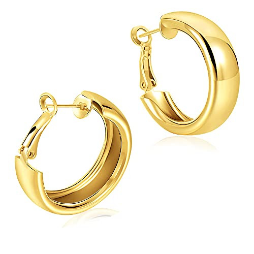 Gold Thick Flat Hoop Earrings for Women, Gold Plated Big Wide Chunky Hoop Earrings for Her Gift