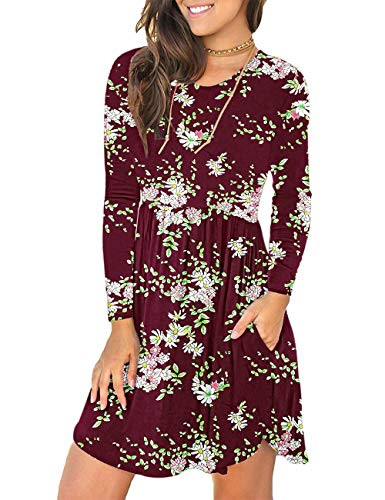 WNEEDU Women's Long Sleeve Loose Plain Dresses Casual Short Dress with Pockets -XL, Flower Wine Red-