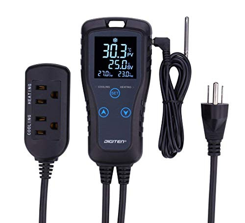 DIGITEN LCD Digital Thermostat Temperature Controller 2-Stage Dual Outlet Pre-Wired Heating & Cooling w/Sensor 110V-240V, -40~248? for Beer Fermentation Refrigerator Fan Control 10A