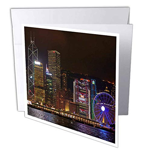 3dRose Danita Delimont - Hong Kong - Victoria Harbor, Skyscrapers, Hong Kong Observation Wheel, Hong Kong. - 1 Greeting Card with Envelope -gc-312676-5-