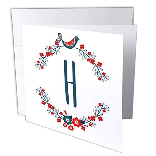 3dRose Monogram Initial Letter H with a red and Blue Floral Wreath. - Greeting Cards -gc-337468-5-