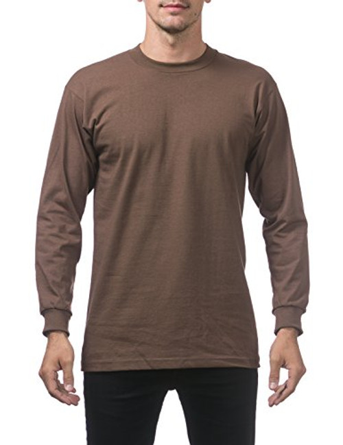 Pro Club Men's Heavyweight Cotton Long Sleeve Crew Neck T-Shirt, Small, Brown