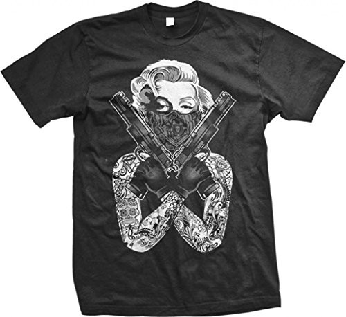 Gangster Marilyn Monroe Tattoos Guns - Mens Cotton T-Shirt, L, Black