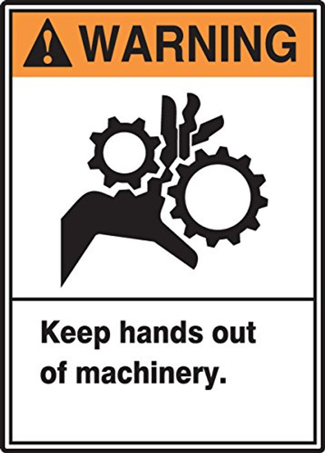 Accuform MRQM301VP Plastic Sign, Legend"Warning Keep Hands Out of Machinery", 14" Length x 10" Width x 0.055" Thickness, Orange/Black On White, 14" Height, 10" Wide, 14" Length, Plastic, 14x10