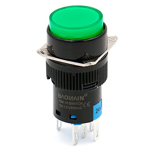 Baomain 16mm Push Button Switch Momentary Round Cap LED Lamp Green Light DC 24V SPDT 5 Pin 5 Pack