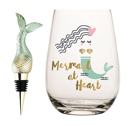 Mermaid Stemless Wine Glass and Mermaid Tail Decorative Wine Stopper Set