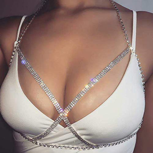 Bikini Crystal Body Chain Silver Sexy Harness Body Jewelry Rhinestone Bra Body Accessory Rave Nightclub Chest Chain for Women and Girls