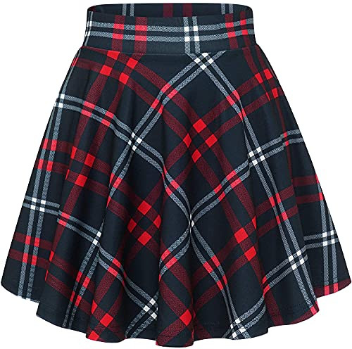 DRESSTELLS Women's Versatile A-line Basic Stretchy Flared Skater Mini Skirt Red White Grid M
