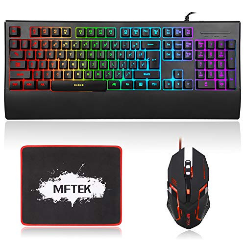 Gaming Keyboard and Mouse Combo, MFTEK RGB Rainbow Backlit Gaming Keyboard and Illuminated Gaming Mouse Set, Programmable Keyboard with Wrist Rest for Gaming Office Working Gaming Keyboard and Mouse Combo, MFTEK RGB Rainbow Backlit Gaming Keyboard and Illuminated Gaming Mouse Set, Programmable Keyboard with Wrist Rest for Gaming Office Working