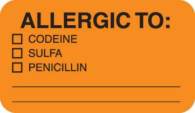 Doctor Stuff - File Folder Chart Labels, MAP4920, Allergic to Codeine, Allergy Medical Stickers, Fluorescent Orange/Black, 1-1/2" x 7/8", 250 per Box