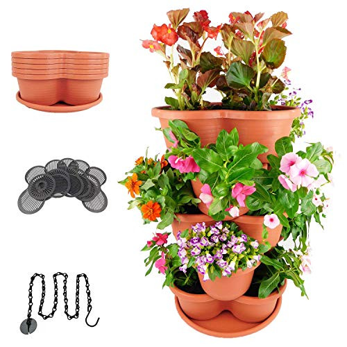 Amazing Creation Stackable Planter Vertical Garden for Growing Strawberries, Herbs, Flowers, Vegetables and Succulents| Indoor/Outdoor 5 Tier Gardening Tower| Hanging Planter (Terracotta)