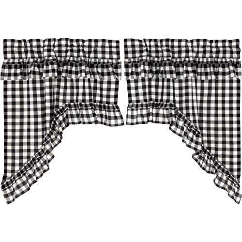 VHC Brands Farmhouse Kitchen Curtains Annie Rod Pocket Cotton Hanging Loops Ruffling Buffalo Check Swag Pair Black Country VHC Brands Farmhouse Kitchen Curtains Annie Rod Pocket Cotton Hanging Loops Ruffling Buffalo Check Swag Pair Black Country