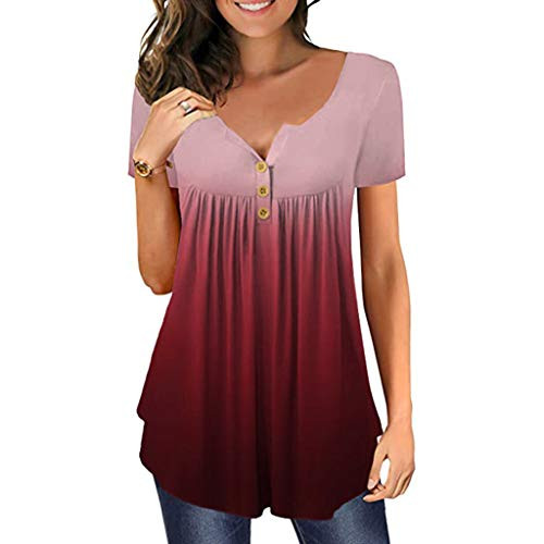Hessimy Summer Tops for Women Short Sleeve, Womens Tops,Womens Plus Size Tops Short Sleeve Gradient Tees Pleated Button Up Shirts Tunics Top Casual Tee Top