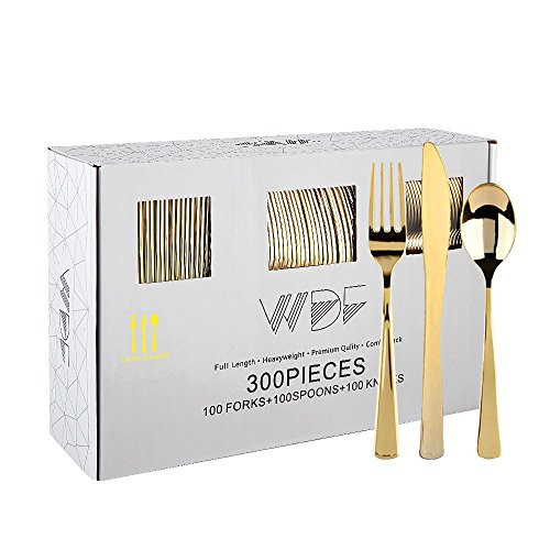 300 Pieces Gold Plastic Silverware- Disposable Flatware Set-Heavyweight Plastic Cutlery- Includes 100 Forks, 100 Spoons, 100 Knives -WDF