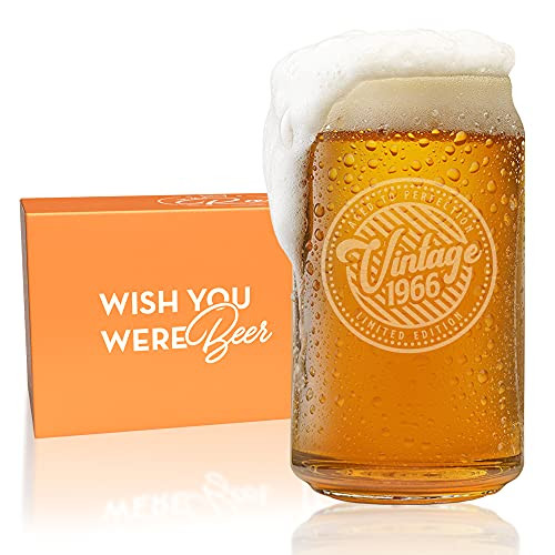 Aged to Perfection 1966 Birthday Gifts - 55th Birthday Gifts for Women Men Born in 1966 - 16 Oz Engraved Vintage Beer Can Glass - For 55 Year Old - Back in the Day 1966 Bday Card and Candy Decorations
