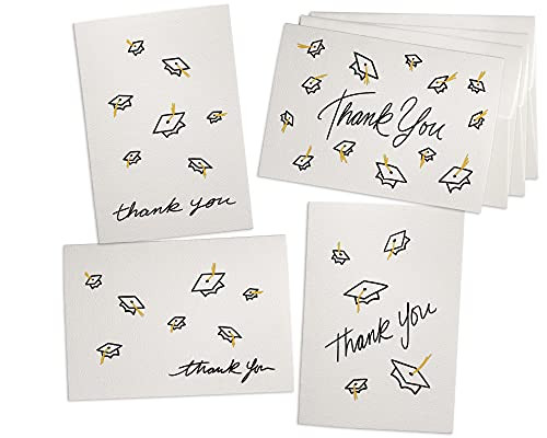 Gold Tasseled Grad Caps in the Air Graduation Thank You Cards - Assorted Set of 24 Greeting Cards with Envelopes
