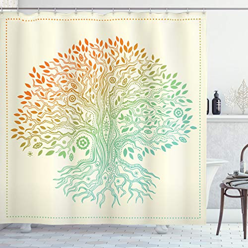 Ambesonne Tree of Life Shower Curtain, Vintage Branches Pattern in a Tribal Cultural Mandala Style Folk Ombre Colored Print, Cloth Fabric Bathroom Decor Set with Hooks, 84" Long Extra, Seafoam Orange
