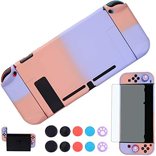 Switch Dockable Case for Nintendo Switch - Protective Dockable Cover Case for Nintendo Switch and Joy-con Controllers with Screen Protector and Thumb grip Caps - Pink Purple