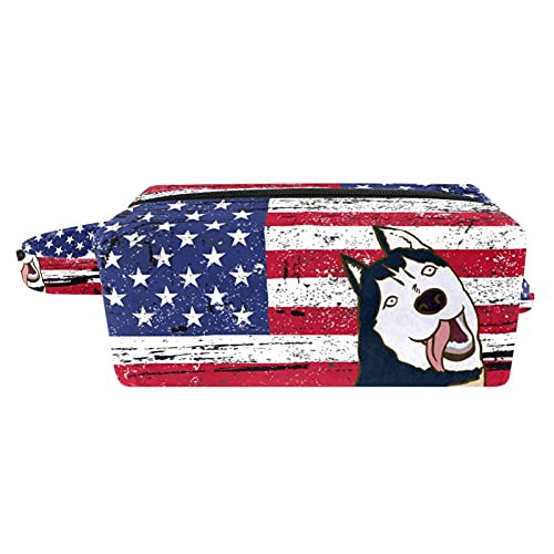 American Flag With Dog Husky Portable Flocking Cloth Cosmetic bag Makeup Bag Zipper Pouch Travel Cosmetic Organizer for Women and Girls