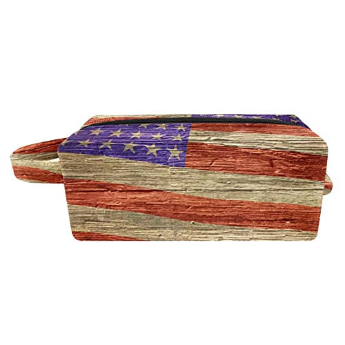Independence Day American Flag On Grunge Wood Texture Portable Flocking Cloth Cosmetic bag Makeup Bag Zipper Pouch Travel Cosmetic Organizer for Women and Girls