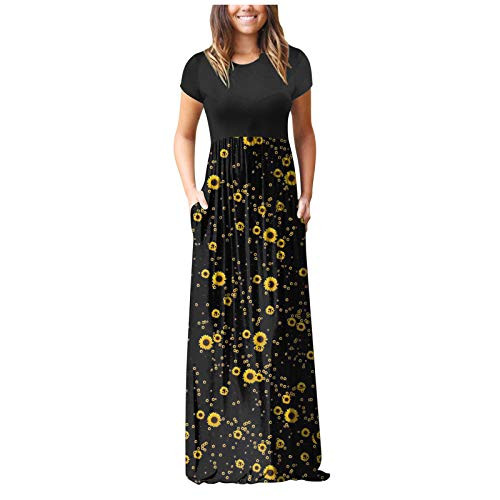 FABIURT Womens Summer Dresses Dresses for Women, Womens Casual Dress Loose Luminous Print Short Sleeves Casual Vest Long Maxi Dresses Black