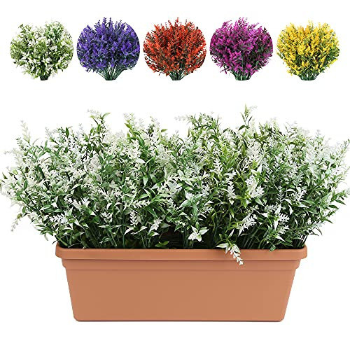 Outdoor Artificial Flowers Lavender, IPOPU 10 Bundles UV Resistant Plastic Greenery Shrubs Plants Fake Flowers for Hanging Planter Indoor Outside Garden Porch Window Wedding Farmhouse Decor-White-