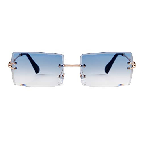 Laurinny Rimless Rectangle Sunglasses for Women Fashion Frameless Sun Glasses -gold frame blue lens-