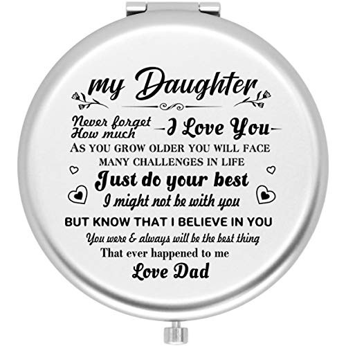 Onederful Daughter Gifts Travel Compact Pocket Mirror for Daughter from Dad, Christmas Birthday Graduate Gifts Ideas for Daughter -My Daughter Never Forget How Much -Silver-