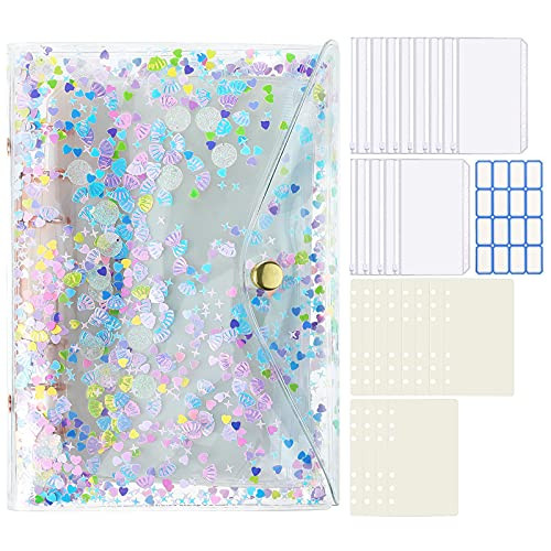 Dadanism 6-Ring Budget Binder Notebook, Soft PVC Binder Cover with Shiny Sequins and Snap Button Closure Loose Leaf Personal Organizer Refillable Notebook Binder Folder Quicksand A6 Binder Planner