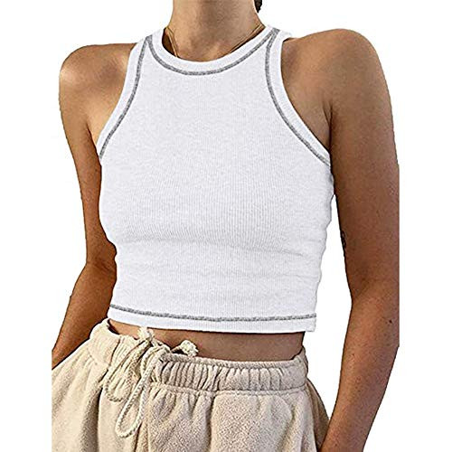 Meladyan Women Basic Ribbed Knit Stitching Crop Tank Solid Crew Neck Sleeveless Slim Racerback Casual Crop Vest Top White