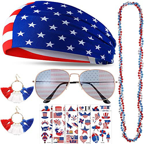 4th of July Accessories American Flag Headband American Flag Sunglasses with 4th of July Earring and Red White Blue Beaded Necklace Patriotic Temporary Tattoos for American Flag Party
