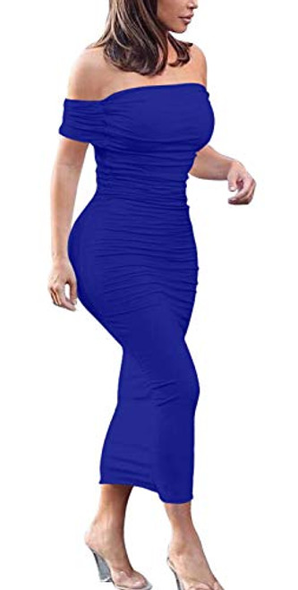 GOBLES Women's Ruched Off Shoulder Short Sleeve Bodycon Midi Elegant Cocktail Party Dress Royal Blue