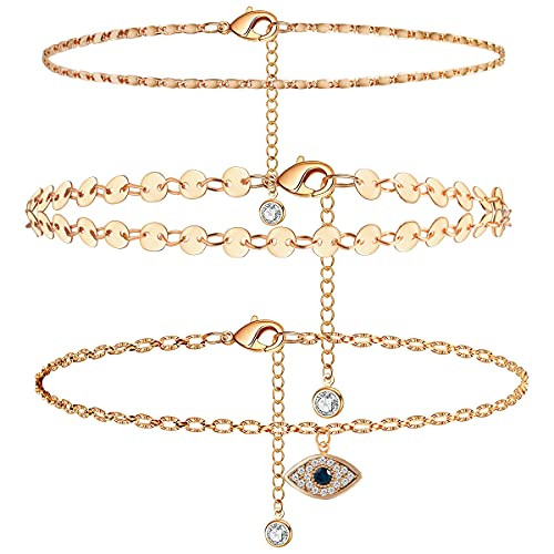 Evil Eye Anklet for Women 14K Real Gold Plated Anklet Rose Gold Coin Anklet Dainty Layered Anklet Set 3pcs