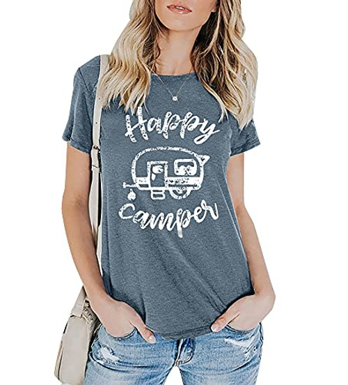 Happy Camper Shirts for Women Camping T-Shirt Letter Print Cute Graphic Short Sleeve Casual Tee Tops -S, Blue-