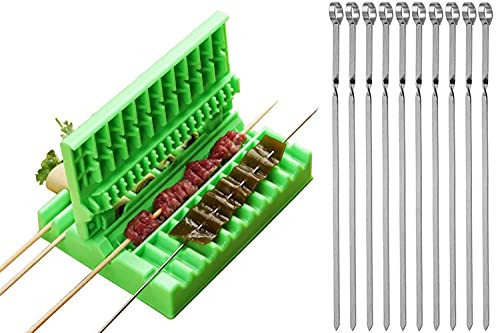 365Home Multifunction Barbecue Meat Skewer Machine BBQ Meat String Device Quick Portable Meat Skewer Box Easy Skewer Tools Kebab Maker BBQ Gadget and Flat Metal Kebab Skewers 12", 10 Pcs