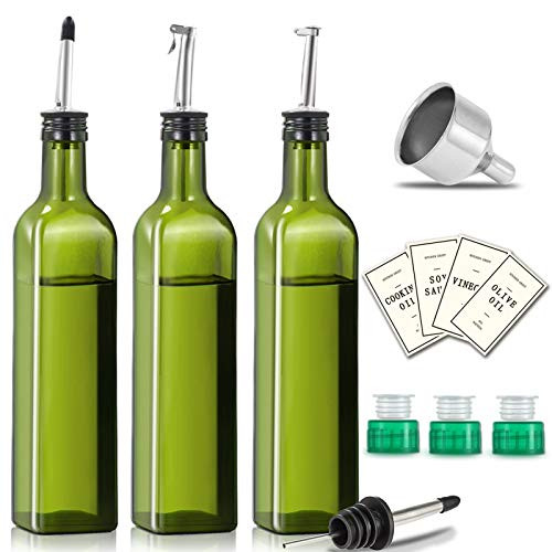 GM GMISUN Olive Oil Dispenser Bottle, 17oz Olive Oil Bottles, Dark Green Oil and Vinegar Dispenser, Leakproof Glass Cooking Oil Cruet for Kitchen with No Drip Pour Spouts,Labels and Funnel - 3 Pack
