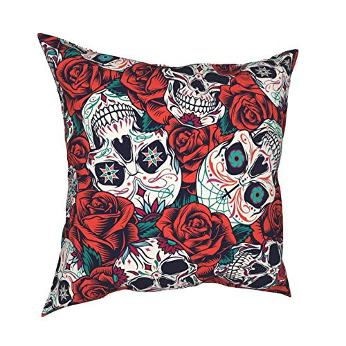 NICEHOLIDY Skull and Red Rose Throw Pillow Cover Decorative Pillowcase Decor for Living Room Sofa Couch Square Cushion Home Pack Bed Case 18x18 Inches