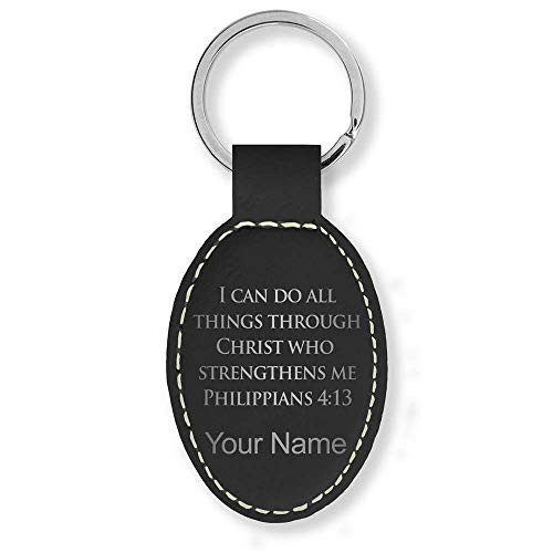 Oval Keychain, Bible Verse Philippians 4-13, Personalized Engraving Included -Black with Silver-