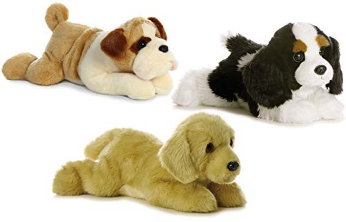 Aurora Labrador Goldie, Charles Spaniel, and Bulldog Willis Set of 3 Plush FLOPSIE Puppie Dog Friends, Beanie tummies, 12"