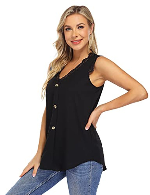Clearlove Women's V Neck Chiffon Lace Trim Casual Button Tank Tops Sleeveless Loose Fitting Tunic Blouses Shirts Black Clearlove Women's V Neck Chiffon Lace Trim Casual Button Tank Tops Sleeveless Loose Fitting Tunic Blouses Shirts Black